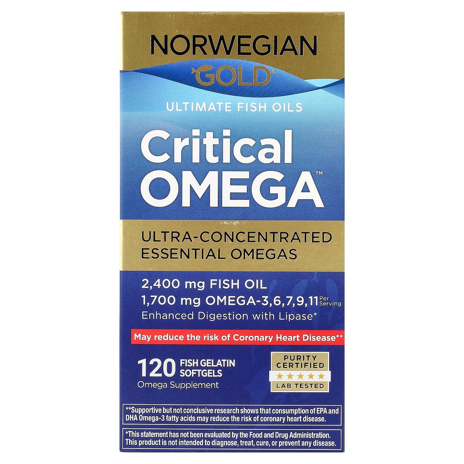 Renew Life, Norwegian Gold®, Critical Omega™ Ultimate Fish Oils, 120 Fish Gelatin Softgels