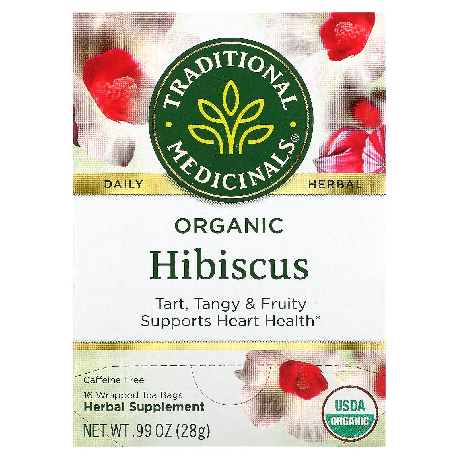 Traditional Medicinals, Organic Hibiscus, Caffeine Free, 16 Wrapped Tea Bags, 0.99 oz (28 g)