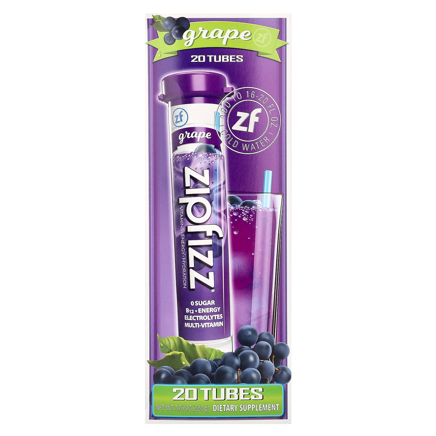 Zipfizz, Energy Drink Mix, Grape, 20 Tubes, 0.39 oz (11 g) Each