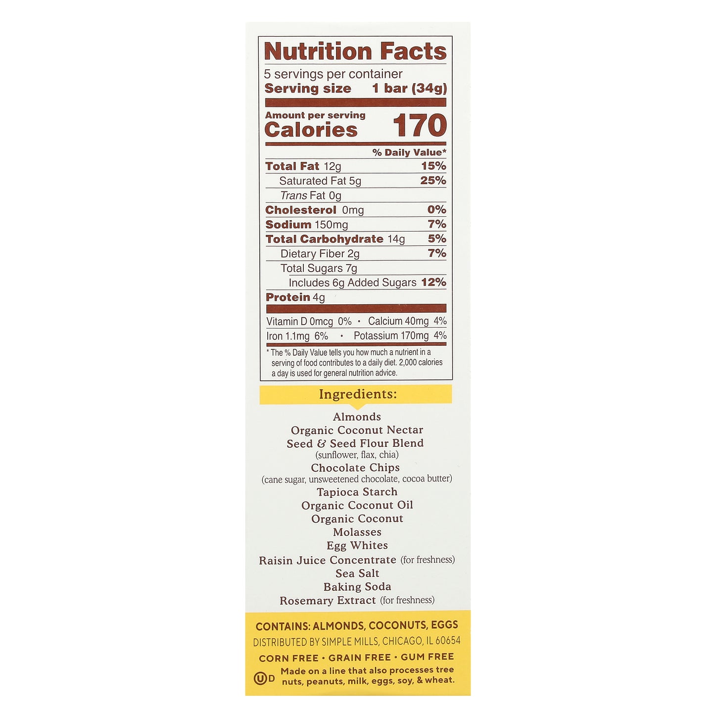 Simple Mills, Soft Baked Almond Flour Bars, Dark Chocolate Almond, 5 Bars, 1.19 oz (34 g) Each