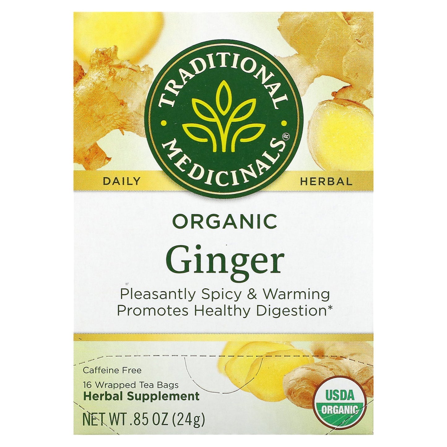 Traditional Medicinals, Organic Ginger, Caffeine Free, 16 Wrapped Tea Bags, 0.85 oz (24 g)