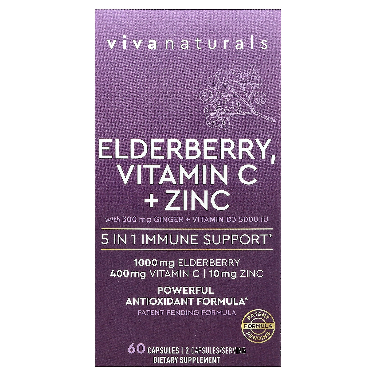 Viva Naturals, Elderberry, Vitamin C + Zinc with Ginger + Vitamin D3, 60 Capsules