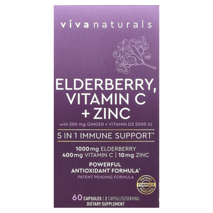 Viva Naturals, Elderberry, Vitamin C + Zinc with Ginger + Vitamin D3, 60 Capsules
