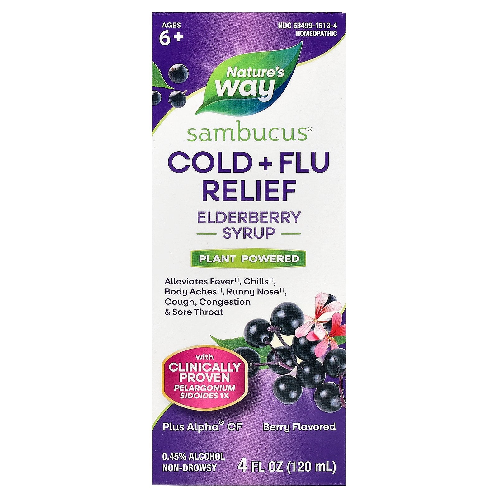 Nature's Way, Sambucus®, Cold + Flu Relief, Elderberry Syrup, Ages 6+, Berry, 4 fl oz (120 ml)