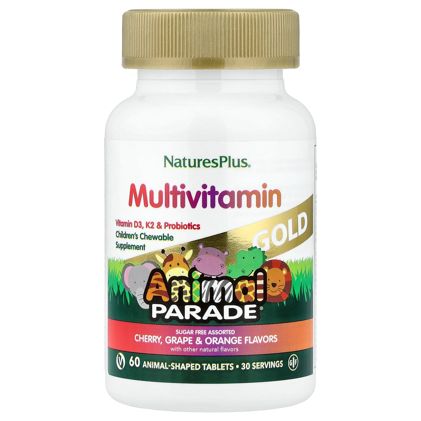 NaturesPlus, Animal Parade Gold, Children's Chewable Supplement, Cherry, Grape & Orange, 60 Animal-Shaped Tablets