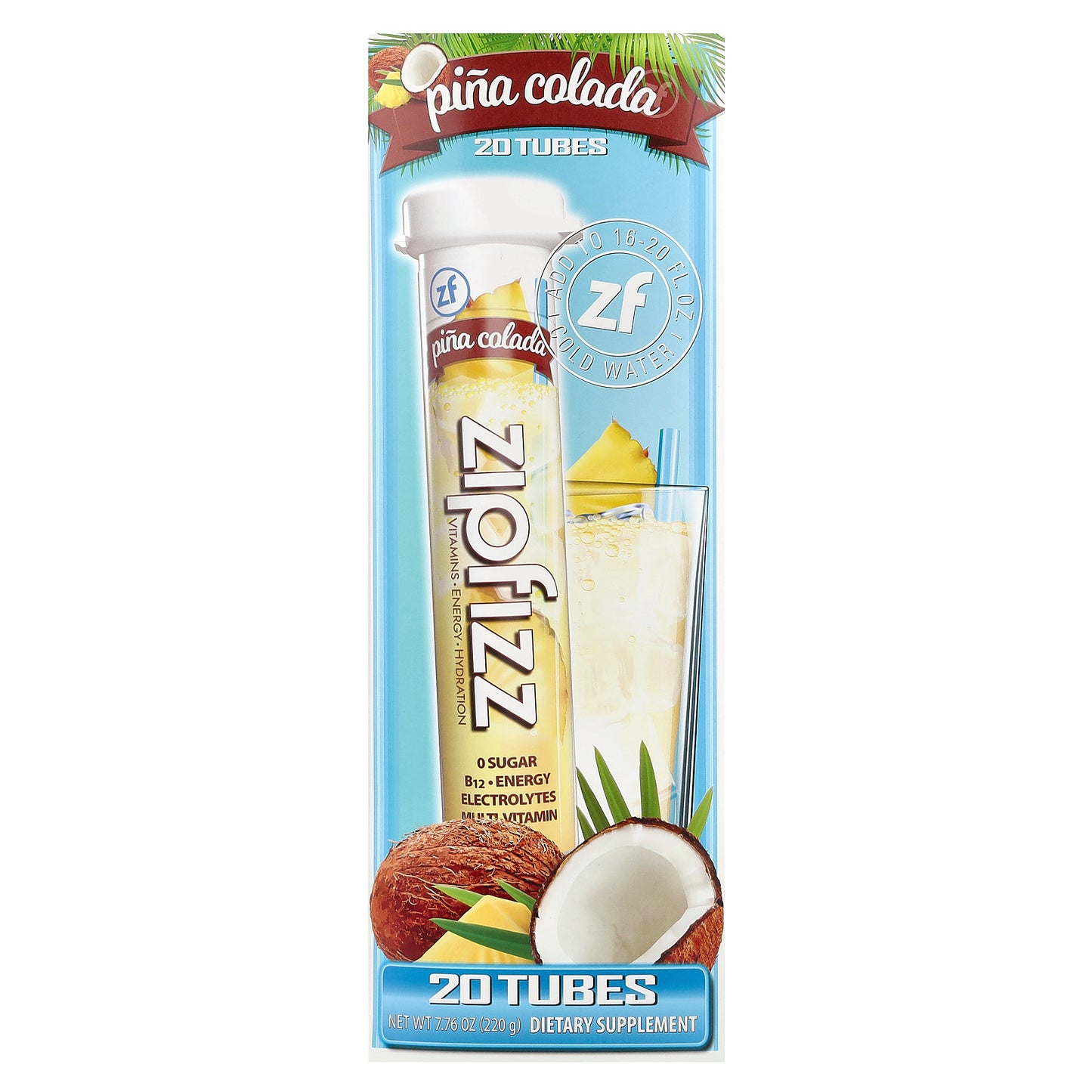 Zipfizz, Energy Drink Mix, Pina Colada, 20 Tubes, 0.39 oz (11 g) Each