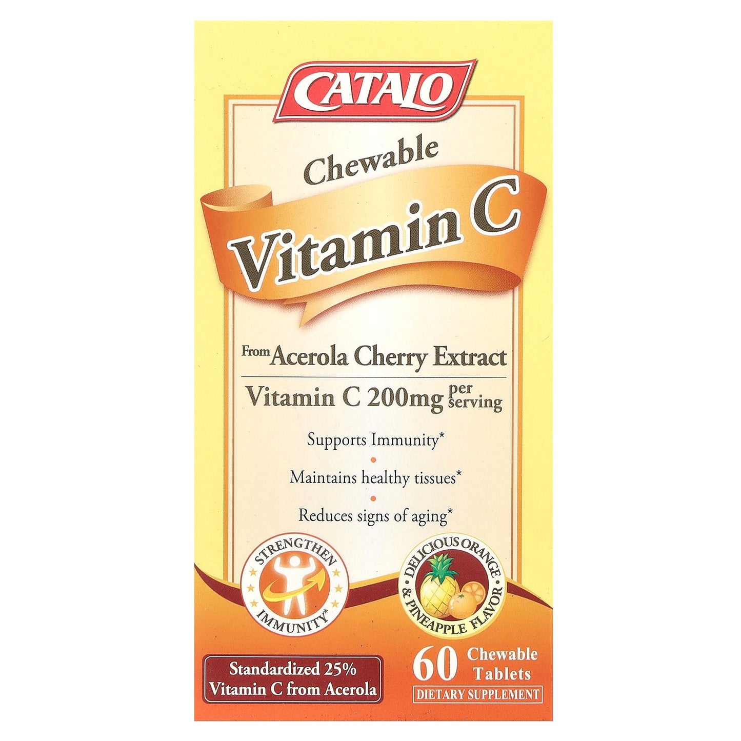 CATALO, Chewable Vitamin C, Orange & Pineapple, 200 mg, 60 Chewable Tablets (100 mg per Tablet)