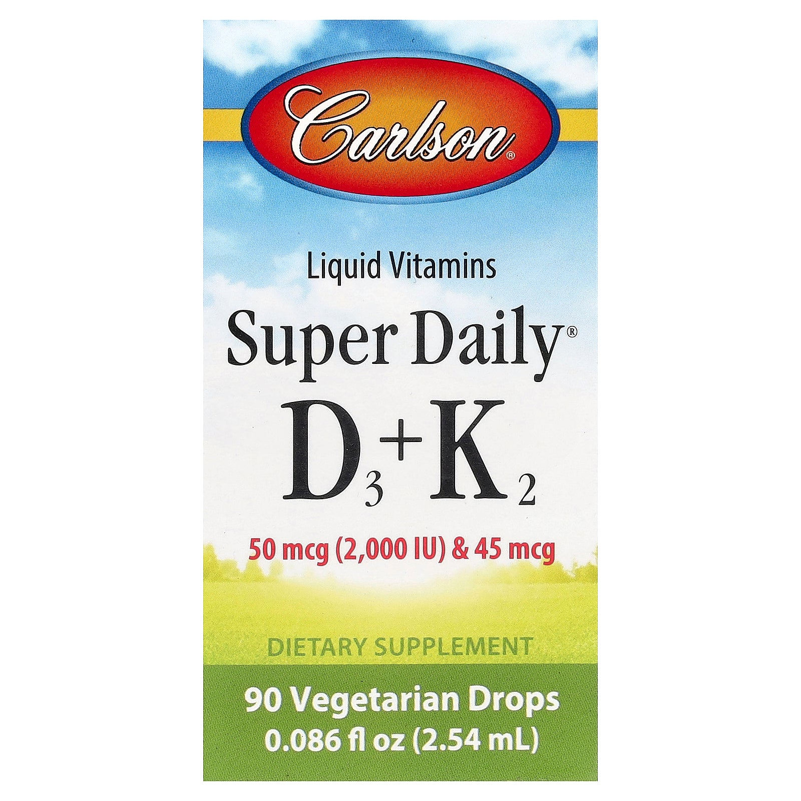 Carlson, Super Daily® D3 + K2, 50 mcg (2,000 IU) & 45 mcg, 0.086 fl oz (2.54 ml)