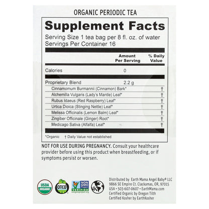 Earth Mama, Organics, Organic Periodic Tea, Revitalizing Herb & Cinnamon, Caffeine Free, 16 Tea Bags, 1.23 oz (35 g)