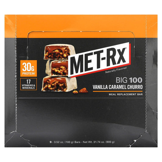 MET-Rx, Big 100, Meal Replacement Bar, Vanilla Caramel Churro, 9 Bars, 3.52 oz (100 g) Each