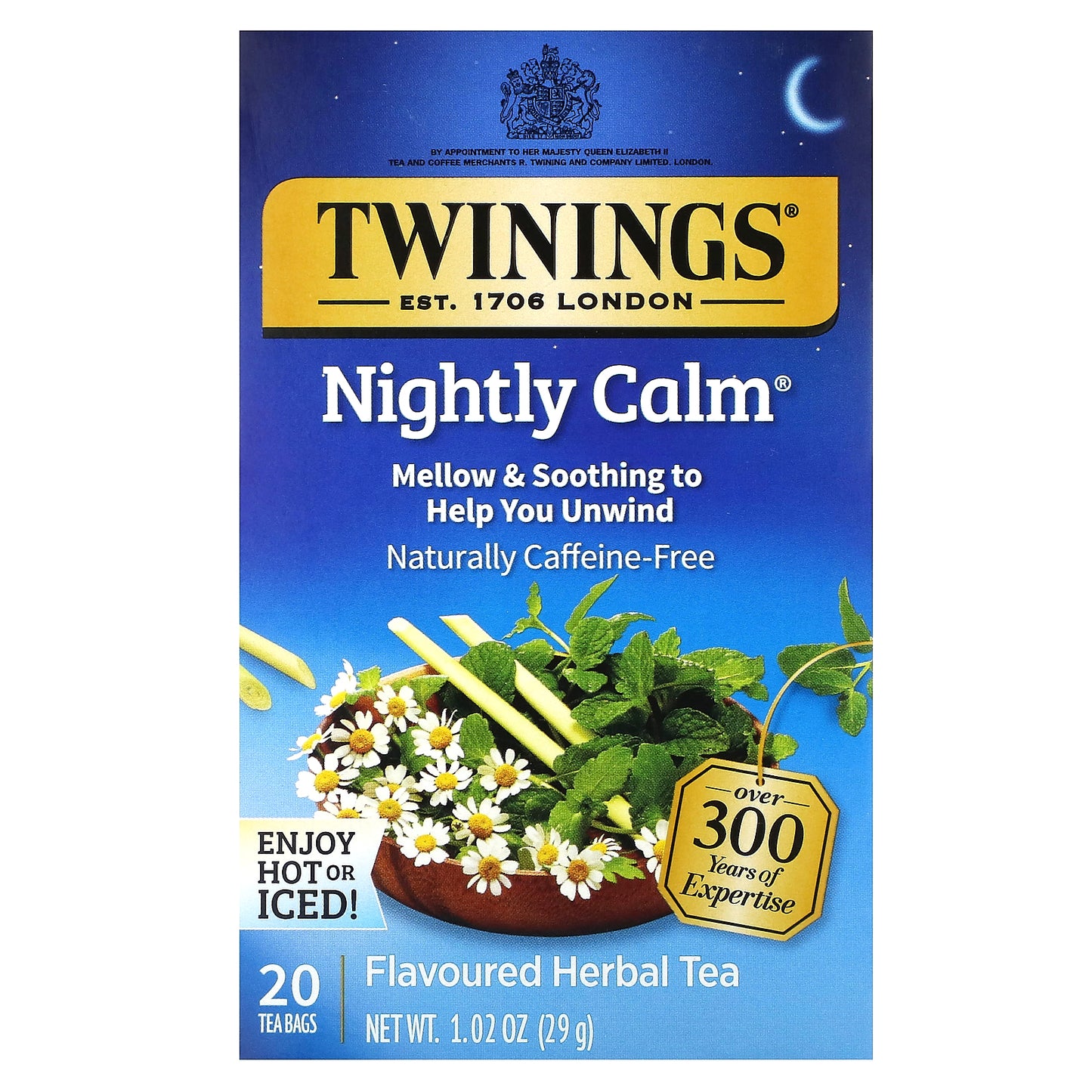 Twinings, Flavored Herbal Tea, Nightly Calm, Caffeine Free, 20 Tea Bags, 1.02 oz (29 g)