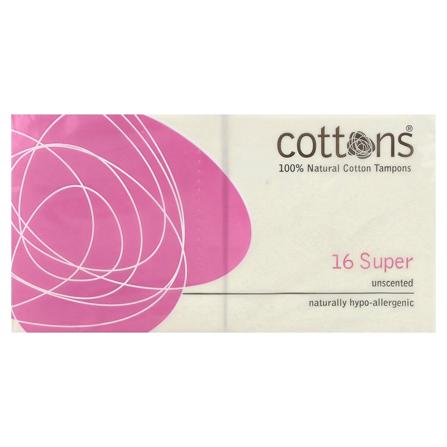 Cottons, 100% Natural Cotton Tampons, Super, Unscented, 16 Tampons