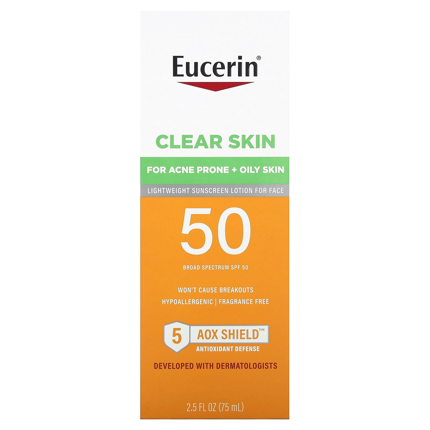 Eucerin, Clear Skin, Lightweight Sunscreen Lotion for Face, SPF 50, Fragrance Free, 2.5 fl oz (75 ml)