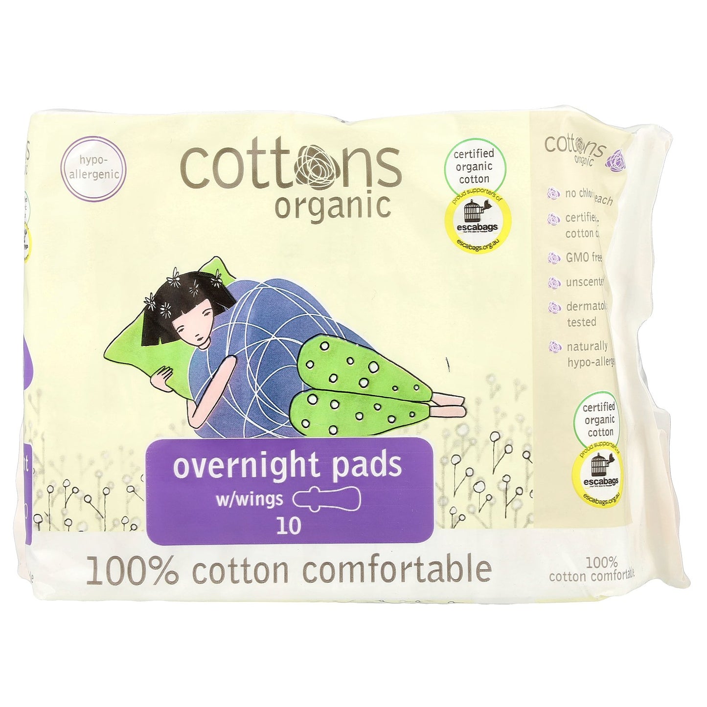 Cottons, Organic, Overnight Pads with Wings, Heavy, Unscented, 10 Pads