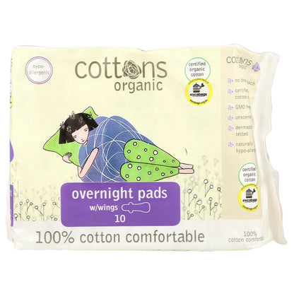 Cottons, Organic, Overnight Pads with Wings, Heavy, Unscented, 10 Pads