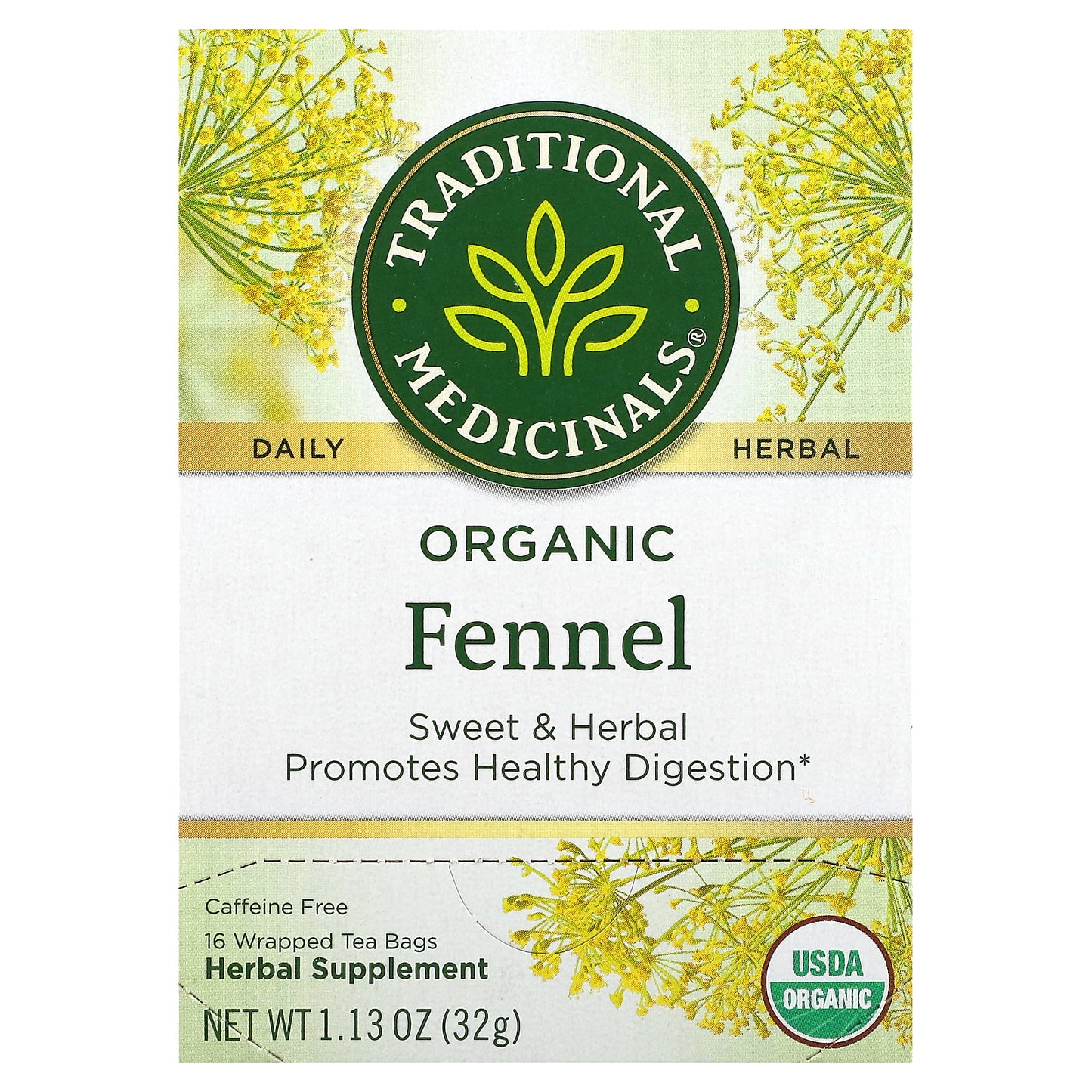 Traditional Medicinals, Organic Fennel, Caffeine Free, 16 Wrapped Tea Bags, 1.13 oz (32 g)