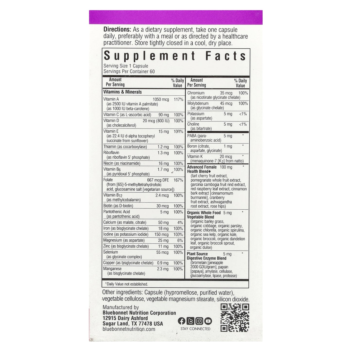 Bluebonnet Nutrition, Ladies' ONE®, Whole Food-Based Multiple, 60 Vegetables Capsules