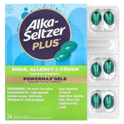 Alka-Seltzer Plus, PowerMax® Gels, Sinus, Allergy & Cough, Maximum Strength, 24 Liquid Gels