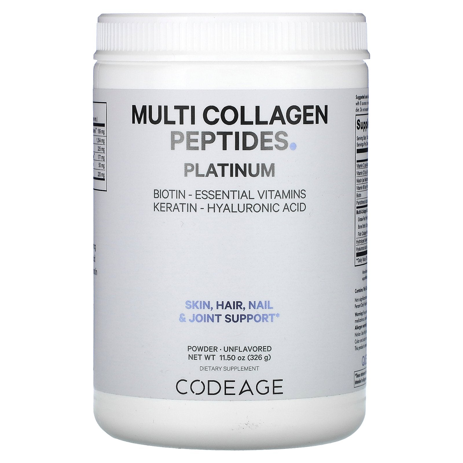 Codeage, Multi Collagen Peptides Powder Platinum, Unflavored, 11.5 oz (326 g)