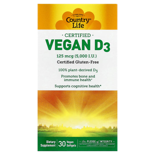 Country Life, Certified Vegan D3, 125 mcg (5,000 IU), 30 Vegan Softgels