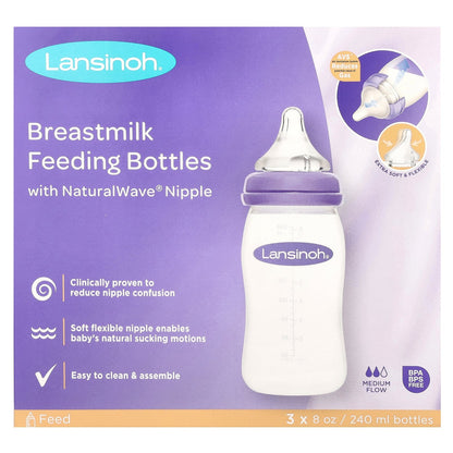 Lansinoh, Breastmilk Feeding Bottles with NaturalWave® Nipple, Medium Flow, 3 Bottles, 8 oz (240 ml) Each