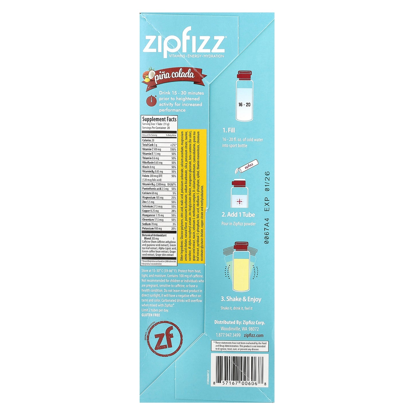 Zipfizz, Energy Drink Mix, Pina Colada, 20 Tubes, 0.39 oz (11 g) Each