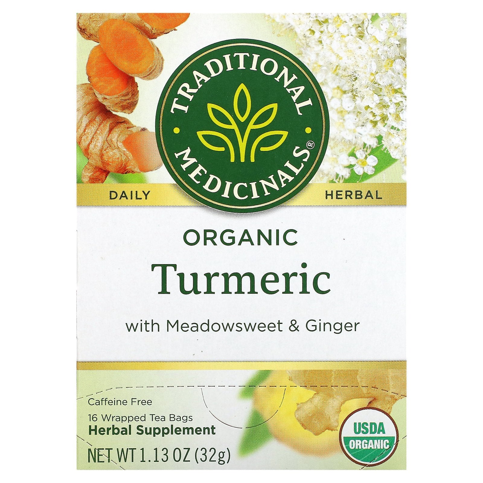 Traditional Medicinals, Organic Turmeric with Meadowsweet & Ginger, Caffeine Free, 16 Wrapped Tea Bags, 1.13 oz (32 g)