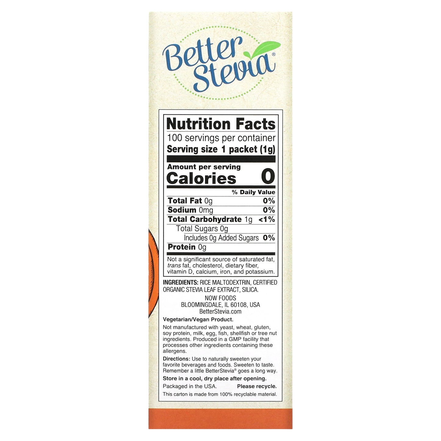 NOW Foods, Better Stevia, Zero-Calorie Sweetener, Original, 100 Packets, 3.5 oz (100 g)