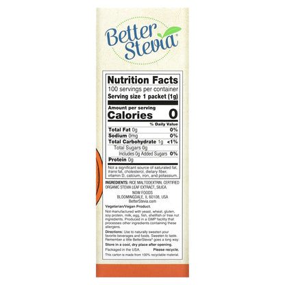 NOW Foods, Better Stevia, Zero-Calorie Sweetener, Original, 100 Packets, 3.5 oz (100 g)