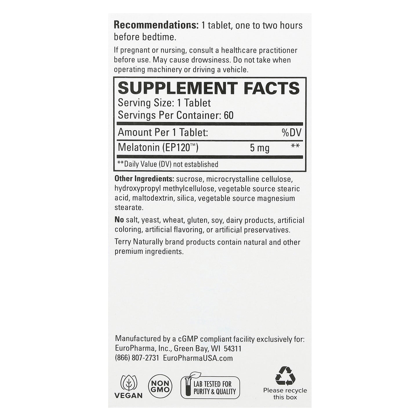 Terry Naturally, Melatonin EP120, 5 mg, 60 Tablets