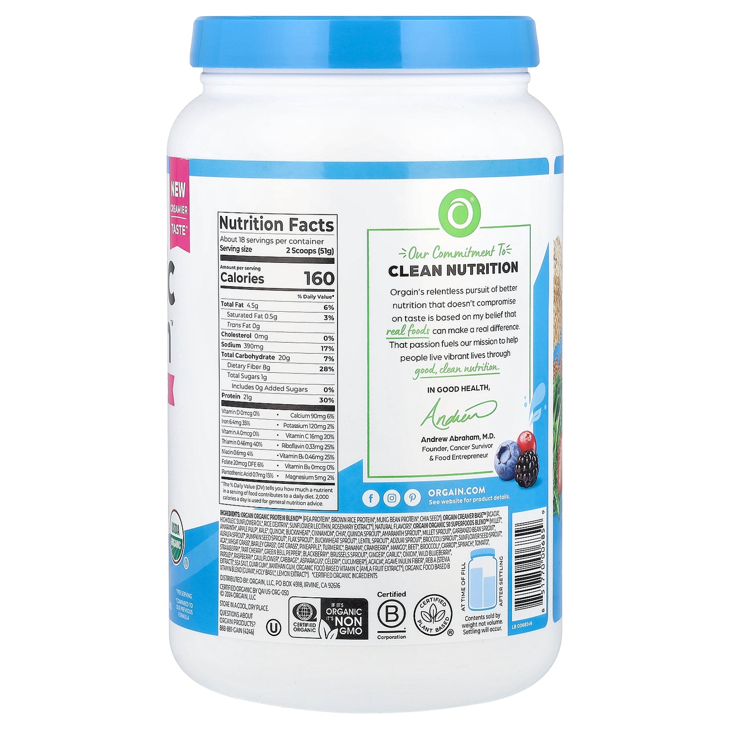 Orgain, Organic Protein™ + 50 Superfoods Powder, Vanilla Bean, 2.02 lb (918 g)