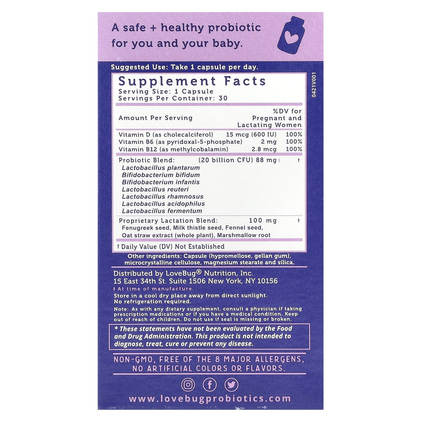 LoveBug Probiotics, Postnatal Probiotic, 20 Billion CFU, 30 Capsules