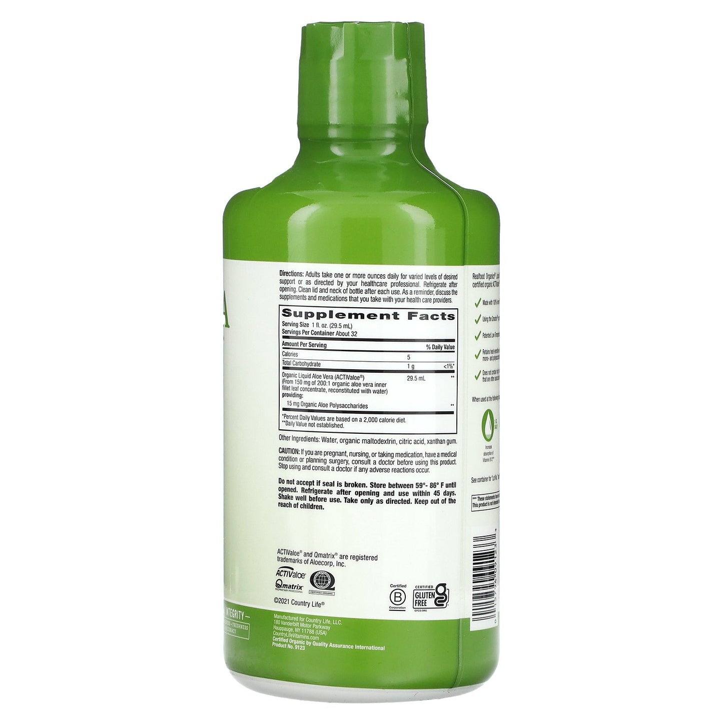 Country Life, Realfood Organics, Aloe Vera Liquid, 32 fl oz (944 ml)