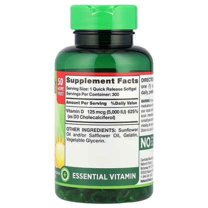 Nature's Truth, High Potency Vitamin D3, 125 mcg (5000 IU), 300 Quick Release Softgels