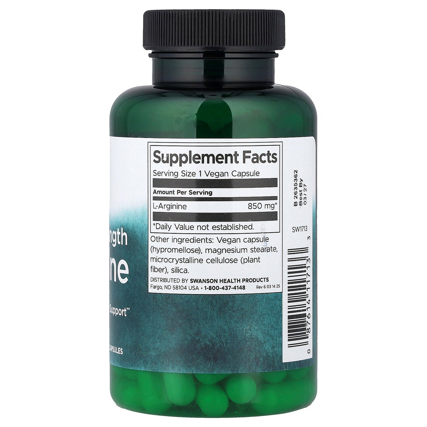 Swanson, L-Arginine, Maximum Strength, 850 mg, 90 Vegan Capsules