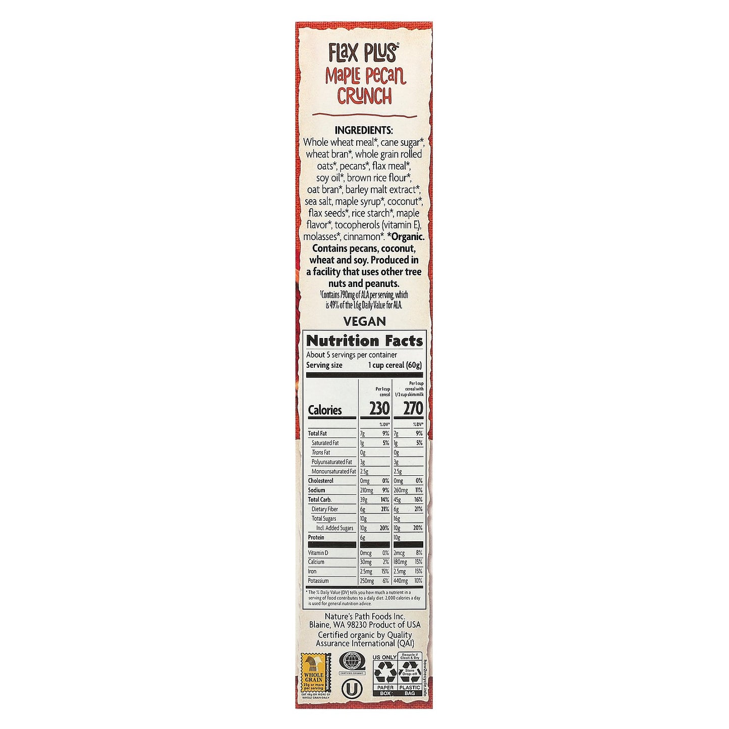 Nature's Path, Organic Flax Plus® Cereal, Maple Pecan Crunch, 11.5 oz (325 g)