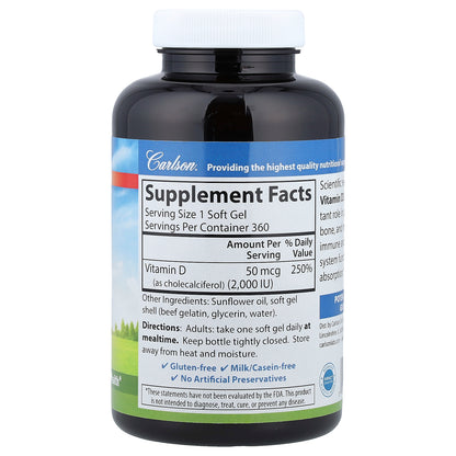 Carlson, Vitamin D3, 50 mcg (2,000 IU), 360 Soft Gels