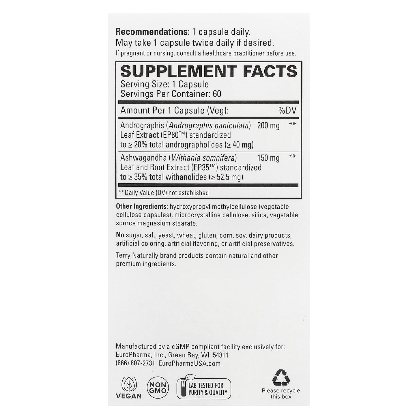 Terry Naturally, Andrographis and Ashwagandha, 60 Capsules