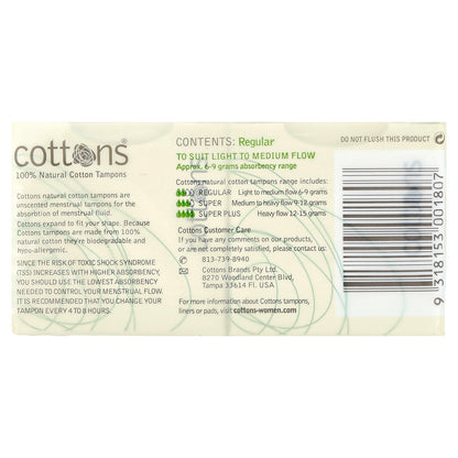 Cottons, 100% Natural Cotton Tampons, Regular, Unscented, 16 Tampons