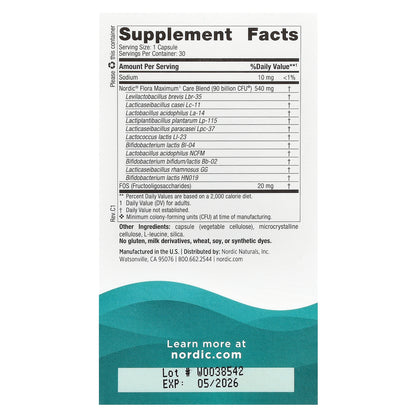 Nordic Naturals, Nordic Flora Probiotic, Maximum Care, 90 Billion CFU, 30 Capsules
