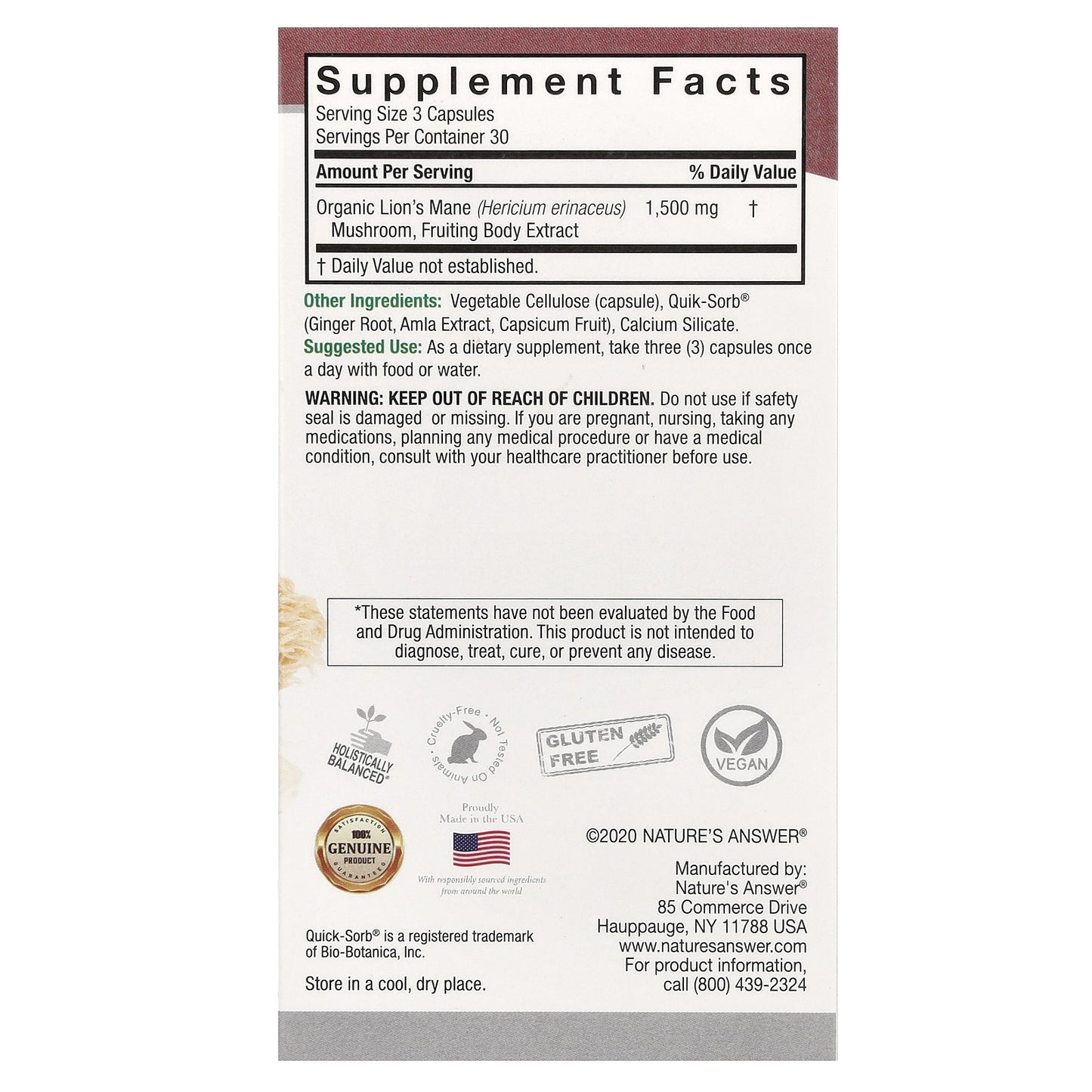 Nature's Answer, Lion's Mane, 90 Vegetarian Capsules (500 mg per Capsule)