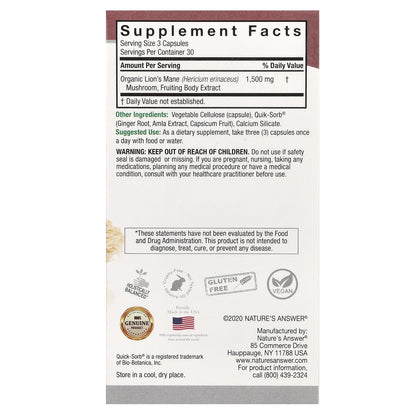 Nature's Answer, Lion's Mane, 90 Vegetarian Capsules (500 mg per Capsule)