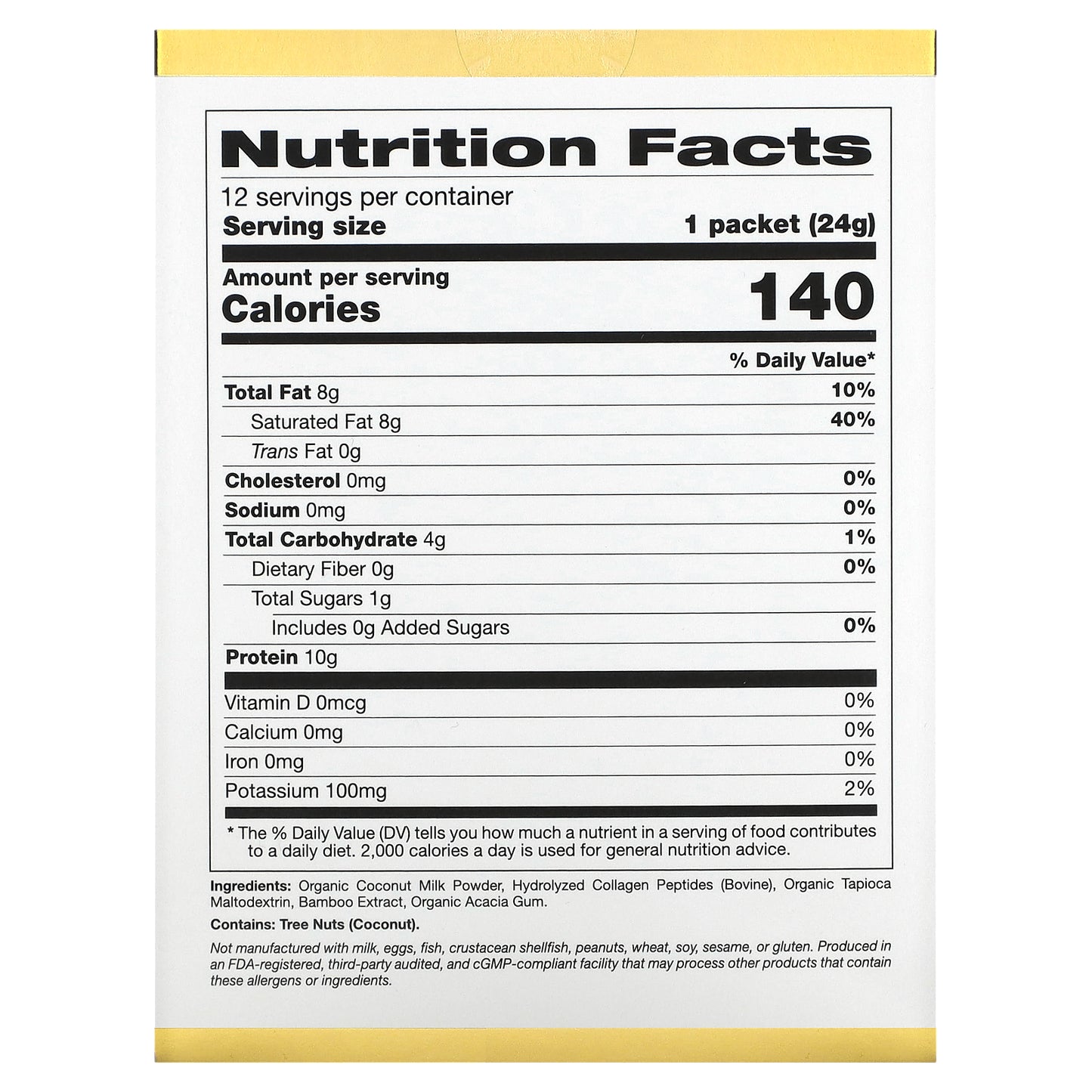 California Gold Nutrition, Superfoods, Collagen Coconut Creamer with Organic Coconut Milk Powder, and Hydrolyzed Collagen Peptides, Unsweetened, 12 Packets 0.85 oz (24 g) Each