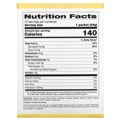 California Gold Nutrition, Superfoods, Collagen Coconut Creamer with Organic Coconut Milk Powder, and Hydrolyzed Collagen Peptides, Unsweetened, 12 Packets 0.85 oz (24 g) Each