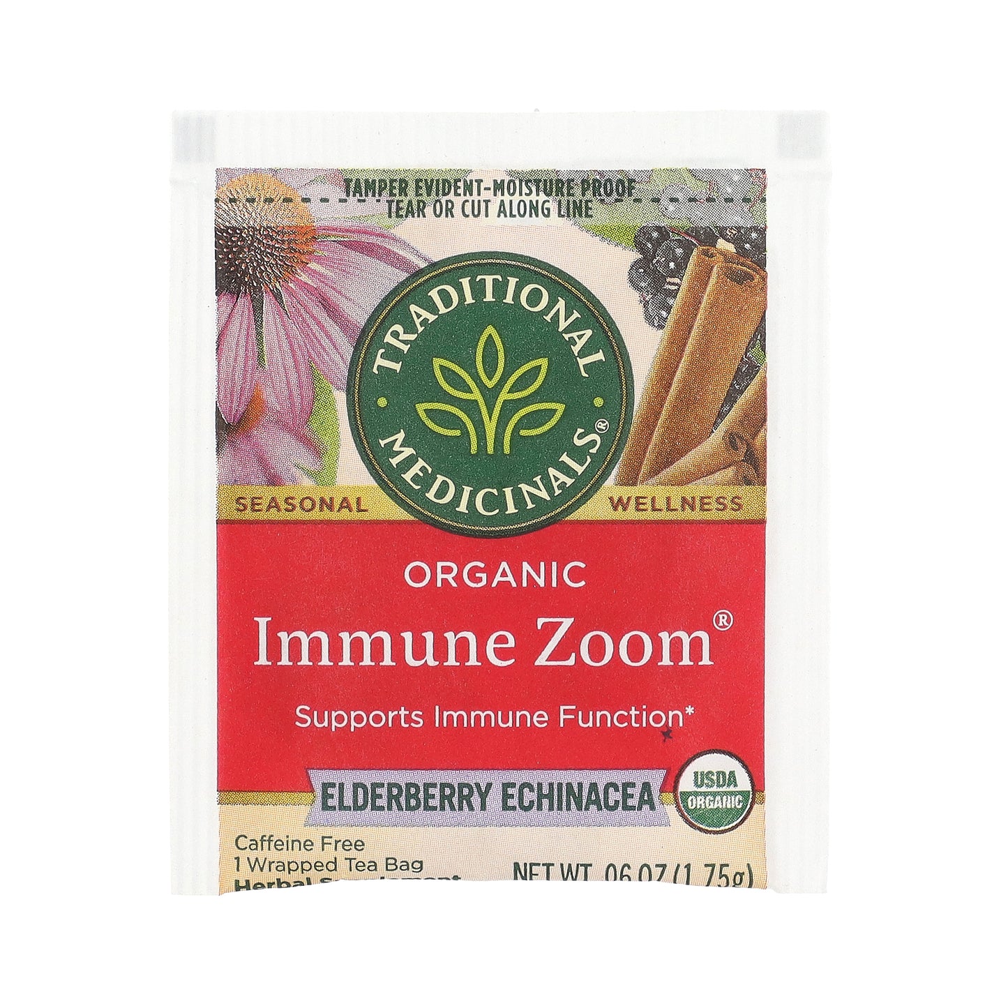 Traditional Medicinals, Organic Immune Zoom®, Elderberry Echinacea, Caffeine Free, 16 Wrapped Tea Bags, 0.99 oz (28 g)