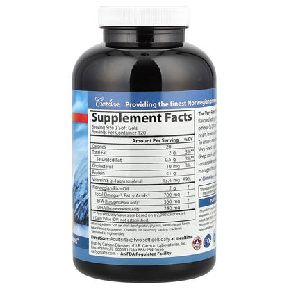 Carlson, The Very Finest Fish Oil, Natural Lemon, 240 Soft Gels