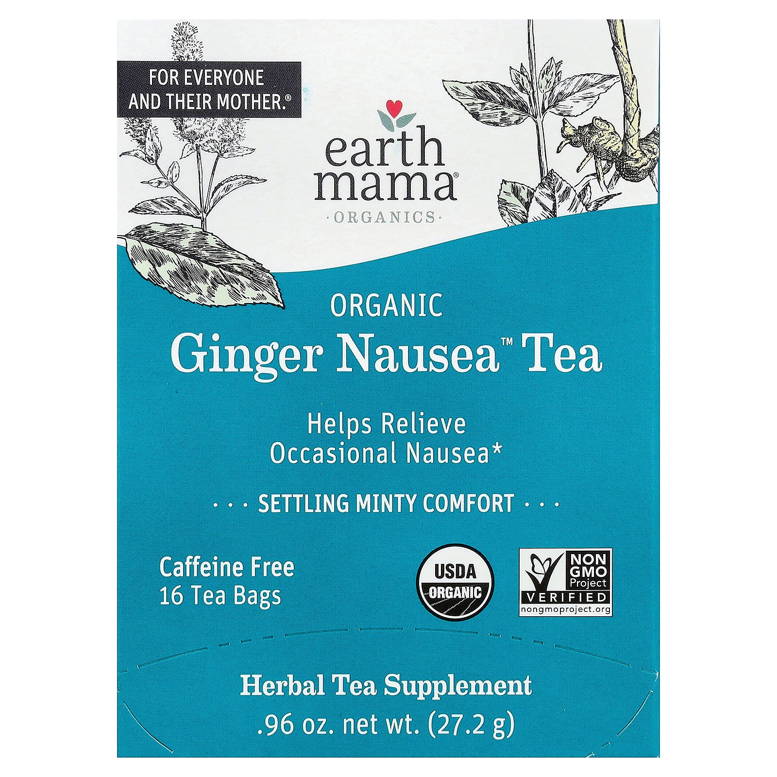 Earth Mama, Organics, Organic Ginger Nausea™ Tea, Settling Minty Comfort, Caffeine Free, 16 Tea Bags, 0.96 oz (27.2 g)