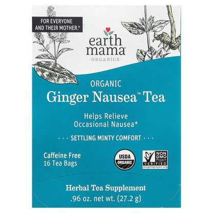 Earth Mama, Organics, Organic Ginger Nausea™ Tea, Settling Minty Comfort, Caffeine Free, 16 Tea Bags, 0.96 oz (27.2 g)