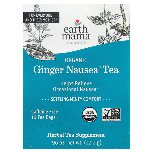 Earth Mama, Organics, Organic Ginger Nausea™ Tea, Settling Minty Comfort, Caffeine Free, 16 Tea Bags, 0.96 oz (27.2 g)