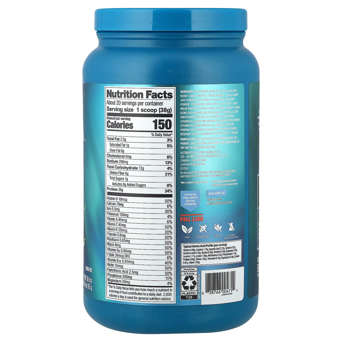 Vega, Organic Plant-Based Protein, Premium All-In-One Nutrition, Plain Unsweetened, 1 lb 10.9 oz (763 g)